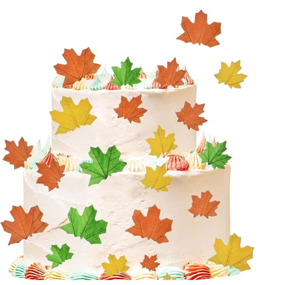 50 Pack Edible Fall Leaves Cupcake Cake Toppers Wafer Paper Autumn Maple Leaf Cake Decorations for Thanksgiving Wedding Birthday General Celebration Party Style 2 Multi Color