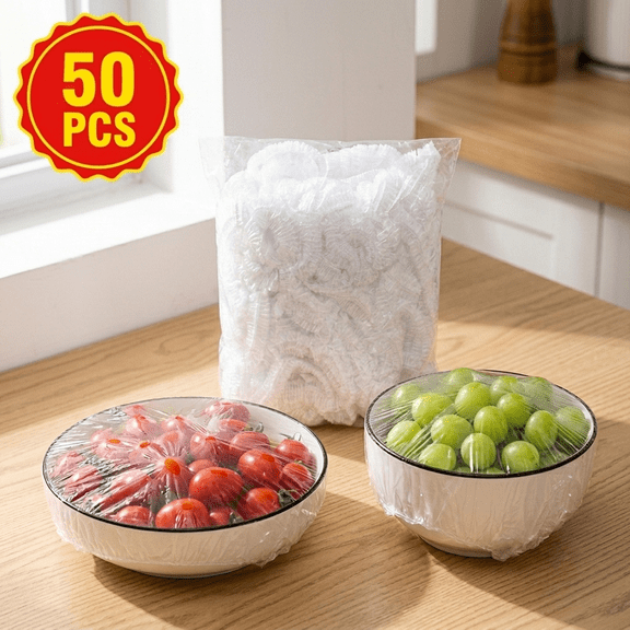 50 Pack Elastic Food Covers Lids for Bowls Cups and Fruit - Reusable Plastic Food Cover Set for Kitchen Storage Meal Prep and Leftovers - Snug Fit for Plates Dishes and Containers