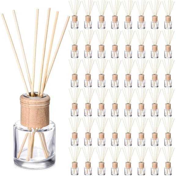 50 Pack Empty Refillable Reed Diffuser Bottles with Wooden Caps and Sticks 50ml Round Glass Jars for DIY Fragrance