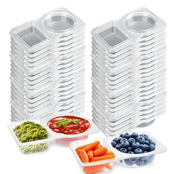 Auckpure 50pcs Reusable Snack Containers with Lids,2025 New 2 Compartment Plastic Containers for Pack Snacks,Leakproof Double Compartment Condiment Pack for Meal Prep,Portion Control
