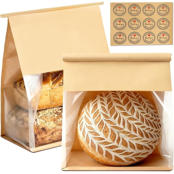 50 Pack Extra Large Paper Bread Bags for Homemade Bread Sourdough Bags, 13.7x10.6x5.5 Inches Resealable Tin Tie Tab Lock Bakery Loaf Bag with Window, Baked Goods Packaging for Gifting and Bake Sale