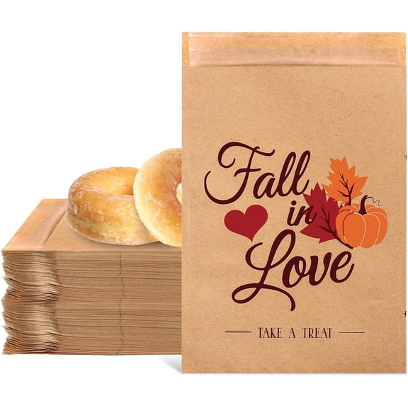 50 Pack Fall Wedding Favor Candy Bags Fall in Love Treat Bags Pumpkin Maple Leaves Self-Adhesive Buffet Kraft Paper Cookie Bags Party Favor Snack Bags for Autumn Wedding Gift, 5x7.1 Inch