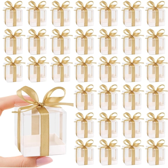 50 Pack Favor Boxes 2x2x2 Inches Clear Candy Boxes with Ribbons, Mini Plastic Boxes for Wedding, Birthday Party, Shower, Classroom Decoration Supplies