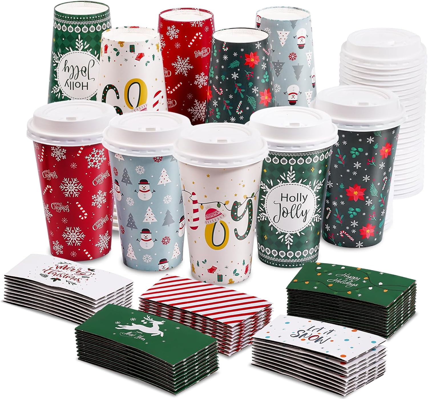 50Pack Festive Christmas Disposable Coffee Cups with Lids & Sleeves
