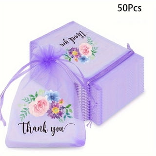 50-Pack Floral Thank You Organza Drawstring Bags for Wedding, Bridal & Baby Showers, Christmas, Halloween, Easter - Purple Gift Pouches for Candy, Snacks, Jewelry Packaging, 4x6 Inch with Ribbon