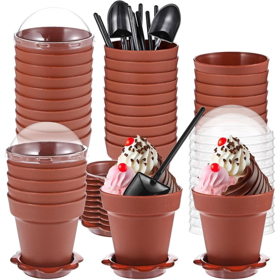 50 Pack Flowerpot Dessert Cup Plastic Cake Cups with Lid Shovel Spoon Bottom Tray Small Flower Pot Cups Dessert Ice Cream Yogurt Containers Holder for Ice Cream DIY(Brown)
