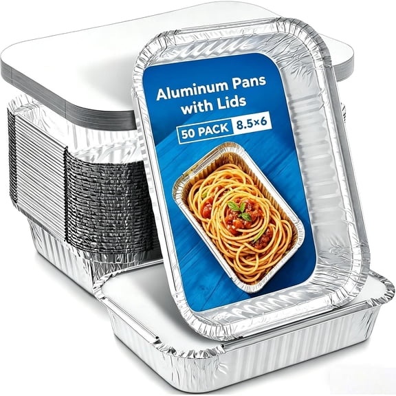 50 Pack Foil Meal Prep Containers with , 2.25 LB Disposable Foil Pans with To Go Take Out Foil Storage Pans with 8.5" X 6" (50 Pack)