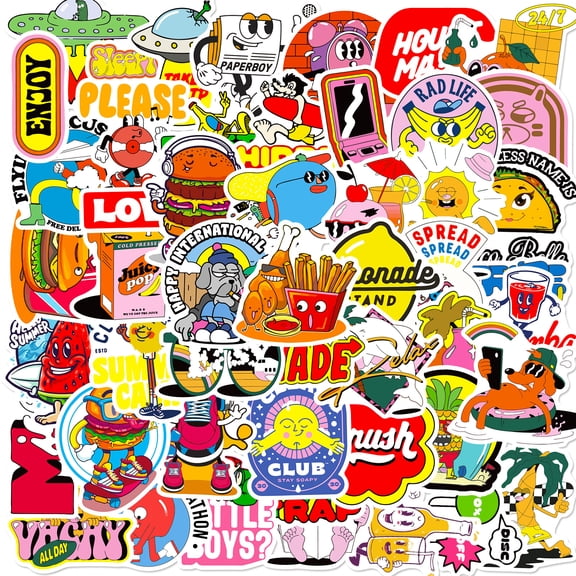 50-Pack Food Quote & Doodle Stickers - American Style Food Mix, Cartoons, and Repeatable Stickers for Decor & Customization