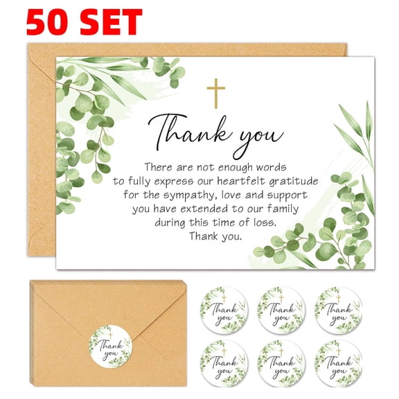 50 Pack Funeral Sympathy Thank You Cards with Envelopes and Matching Seal Stickers, Green Leaf Cross Bereavement Card with Message for Memorial Service Loved Ones Celebration of Life