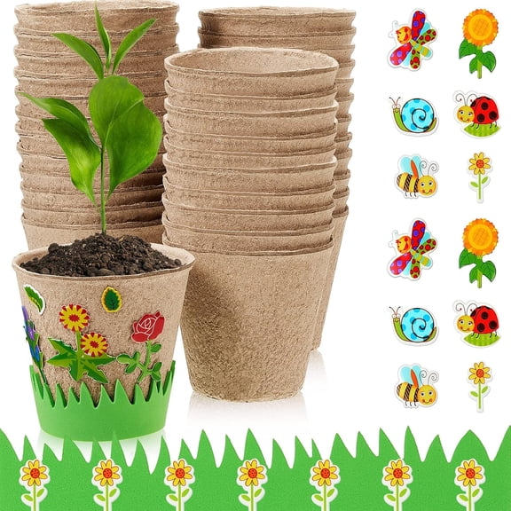 50 Pack Garden Paper Pot Craft Kit Flower Plant Spring Craft Including Peat Plant Pots Adhesive Foam Stickers Pot Stickers EVA Grass for DIY Flower Planting Growing