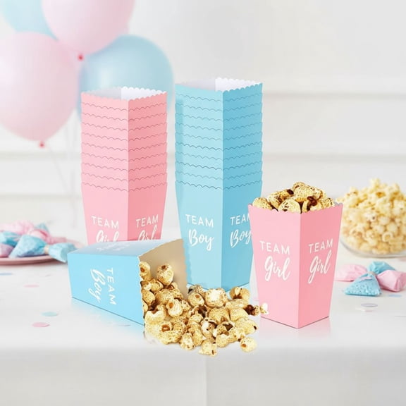 50 Pack Gender Reveal Popcorn Paper Boxes Pink and Blue Candy Mini Favor Treat Cups for Girl Boy Baby Shower Gender Reveal Party Decorations Supplies(Blue, Pink)