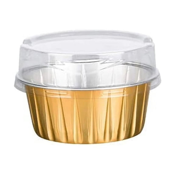50 Pack Gold Aluminum Foil Baking Cups Disposable Cupcake Liners Muffin Tins With Clear Lids, Metallic Gold Mini Cheesecake Pans For Baking, Party, Wedding, Birthday, Holiday