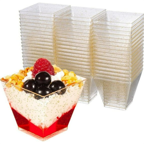 50 Pack Gold Glitter Small Cake Cups,2 Oz Clear Dessert Cups,Square Mousse Cup,Mini Appetizer Cups,Plastic Ice Cream Cups,Yogurt Parfait Container,for Home Kitchen Party