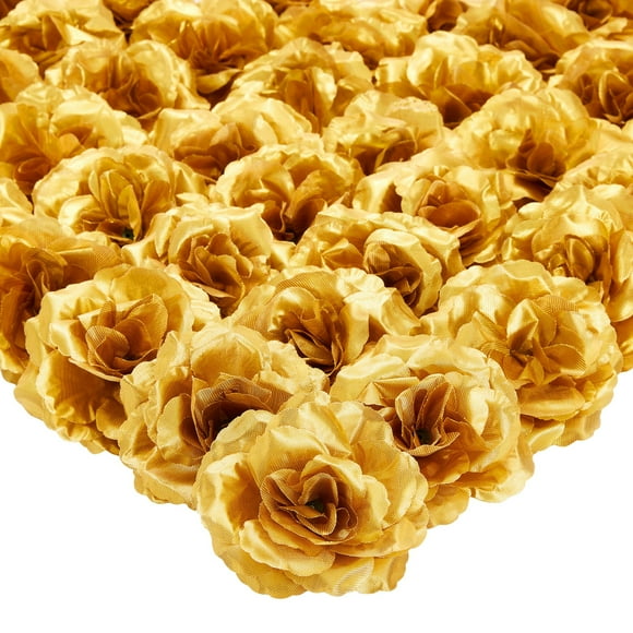 50 Pack Gold Roses Artificial Flowers Bulk, 3 Inch Stemless Fake Silk Roses for Decorations, Wedding, Faux Bouquets