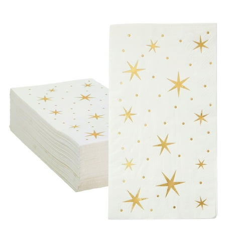 Juvale Disposable Napkins with Gold Stars - 4 x 8 In, 3-Ply, White & Gold, 50 Count - Decorative Paper Napkins for Star Themed Parties & Weddings