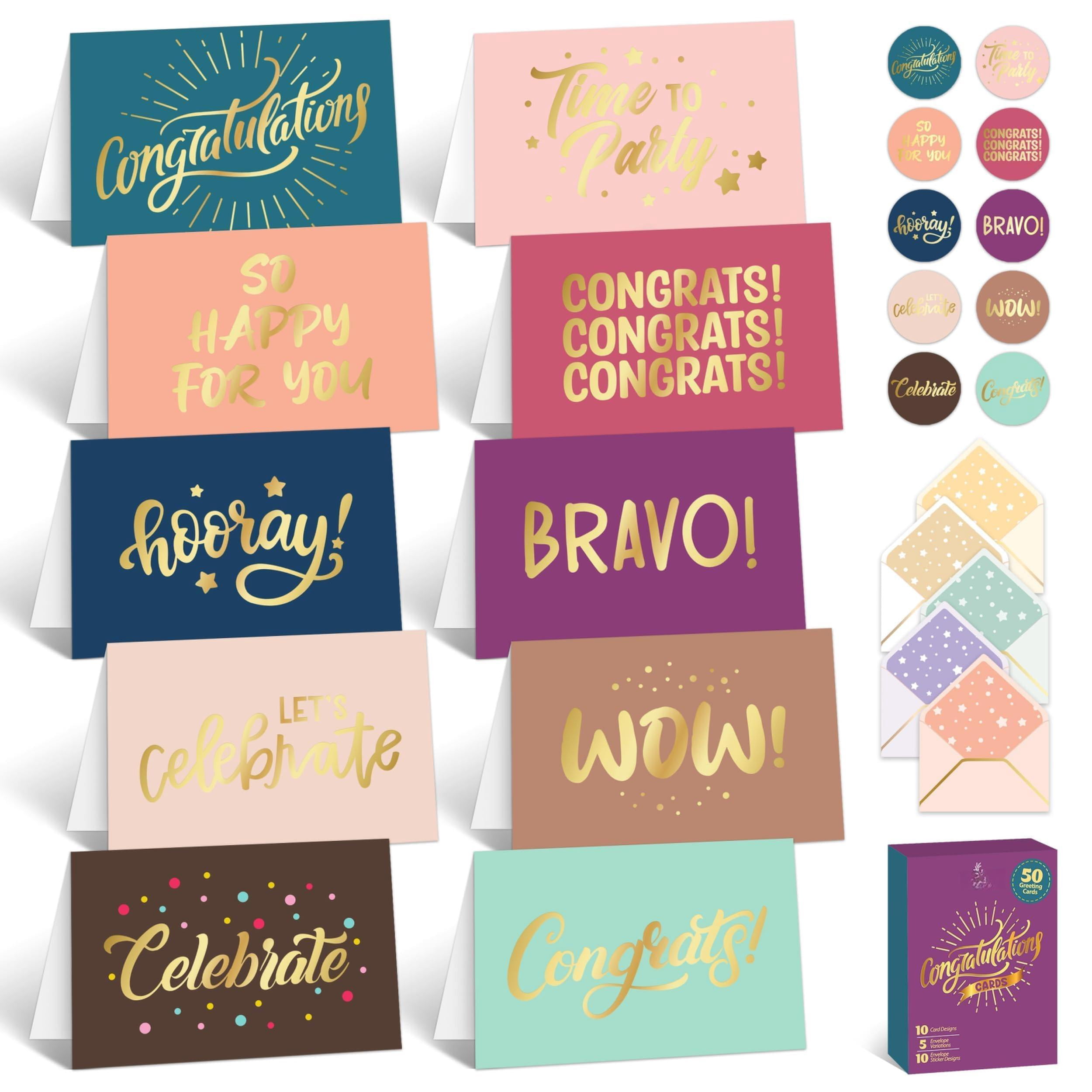 50 Pack Gold-foiled 6x4in Congratulations Cards with Envelopes and Stickers, 10 Elegant Designs Blank Inside
