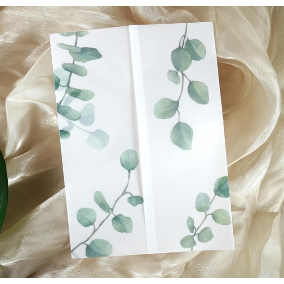 50 Pack Greenery Printed Pre-Folded Vellum Jackets for 5x7 Invitations - 115GSM Vellum Paper 5x7 Jackets - Vellum Wedding Invitations Wraps - Transparent Wedding Invitations Jacket
