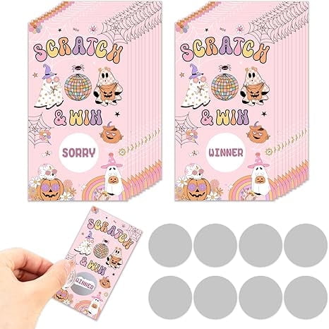 50 Pack Groovy Halloween Scratch Off Cards, Hippie Halloween Party Game Tickets Lottery Prize Raffle with Retro Ghosts, Pumpkins for Boo Spooky Birthday Baby Shower