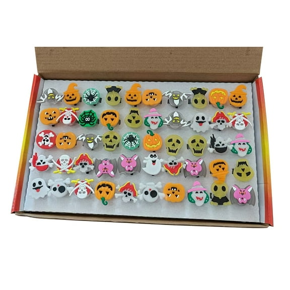 50 Pack Halloween Led Flashing Light Up Rings, Kids Party Decoration Gift Toys, 15 Different Spooky Styles with Ghosts Skulls Bats