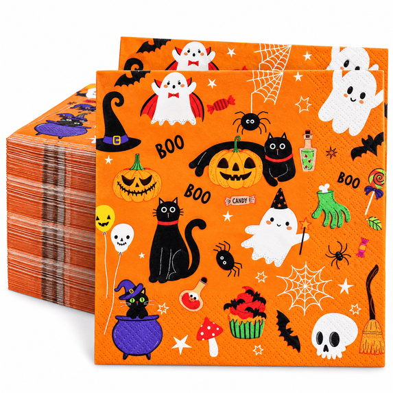 50 Pack Halloween Napkins, 6.5 Inch Orange Paper Napkins with Ghost ...
