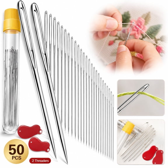 Large Eye Needles for Hand Sewing, 50-Pack Premium Embroidery Needles with Needle Threaders, Assorted Sizes for Easy Threading, Sewing Supplies for Crafting