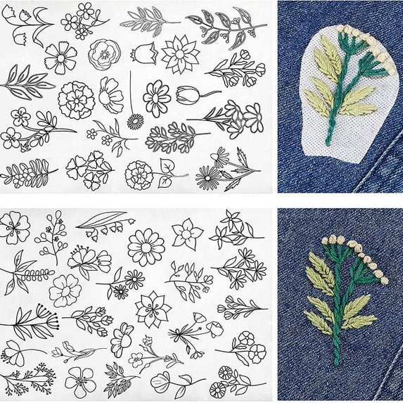 50 Pack Hand Sewing Washable Water Soluble Embroidery Stabilizer Sheets, Tear-Off A4-Size, Pre-Printed Flower Patterns, Machine & Hand Stitching Supplies