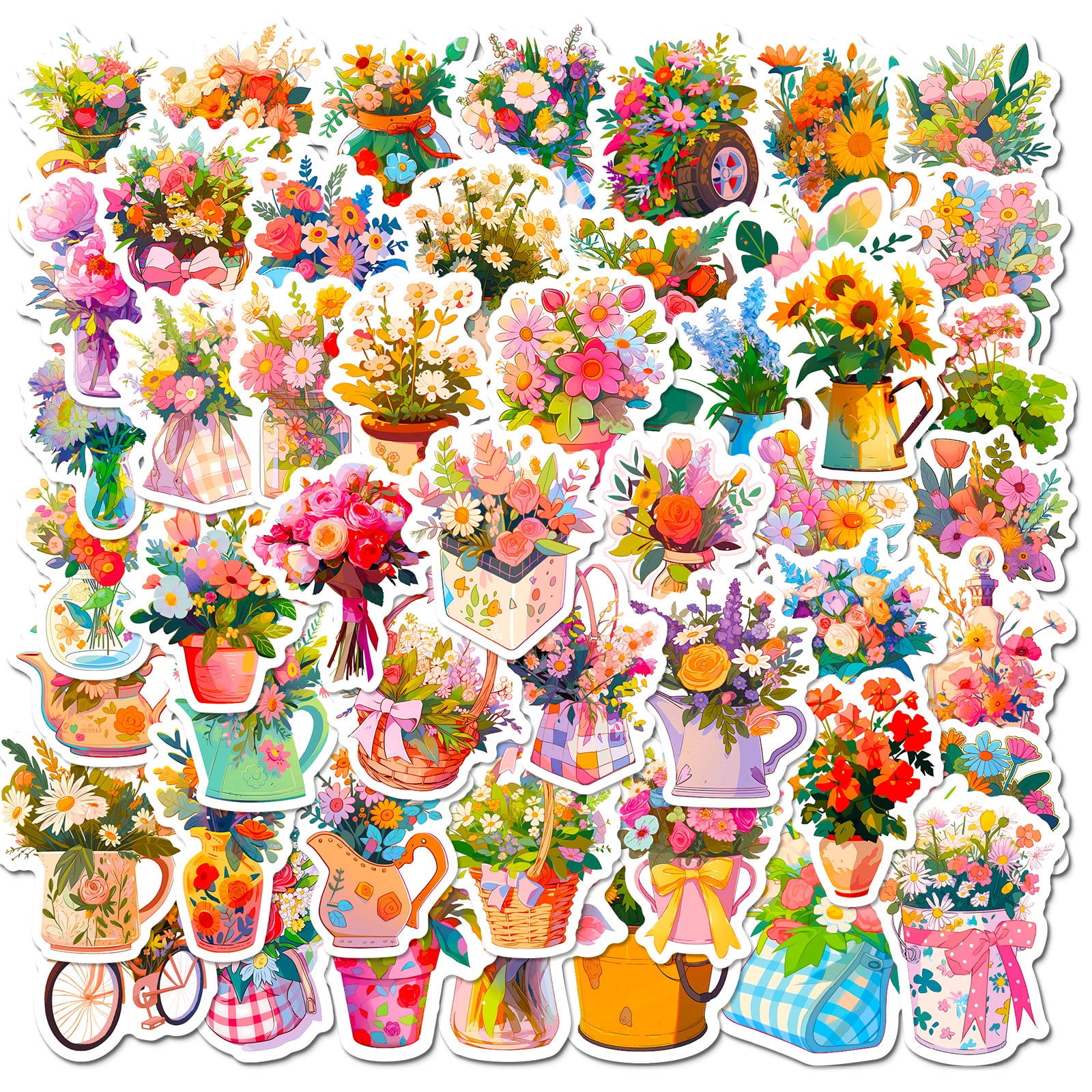 50-Pack Handheld Flower Stickers - Romantic Floral Doodle Designs, Cute Fresh Style, Ideal for DIY Projects and Cross-Border Trends