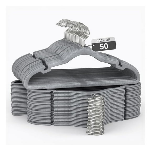 50 Pack Clothes Hangers - Slim Velvet Hangers for Clothes - Space Saving Non Slip Hangers for Shirt, Pants, Dresses, Suits - Grey