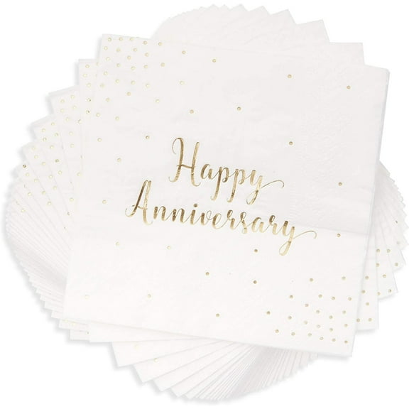 50 Pack Happy Anniversary Napkins, Gold Foil Cocktail Napkins for Wedding Anniversary, Party Decorations, Disposable (5 In)