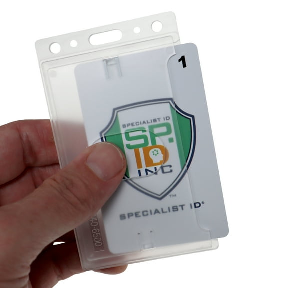 50 Pack - Hard Plastic Badge Holder with Thumb Notch Slide Removal - Vertical Side Load - Clear Frosted Rigid Plastic - Holds One Standard Credit Card Sized Name Badge by Specialist ID