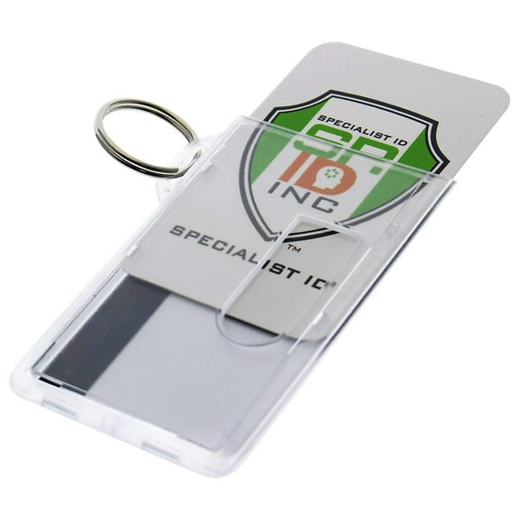 50 Pack - Heavy Duty Fuel Card/ID Badge Holders with Keyring - Holds Two Cards - Clear Rigid Plastic ID Holder Keychain - Attach Keys & Protect License and a Credit Card by Specialist ID