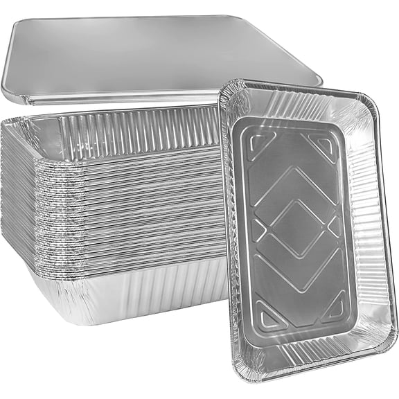[50 Pack] Heavy Duty Full Size Shallow Aluminum Pans with Lids Foil Roasting & Steam Table Pan 21x13 inch Shallow Chafing Trays for Catering Disposable Large Pans for Baking Reheat Bakeware Grilling