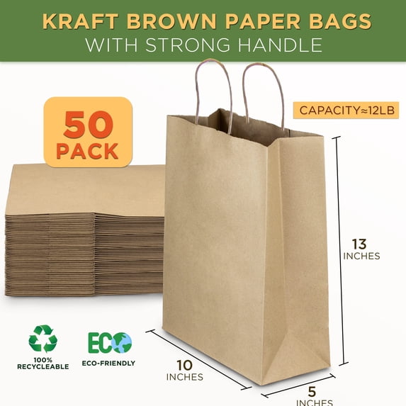 [50 Pack] Heavy Duty Kraft Paper Bags with Handles 13 x 10 x 5