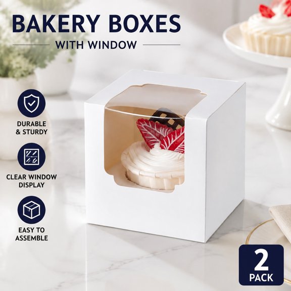 50 Pack Individual Cupcake Containers with Window, Food Grade Cupcake Holders with Inserts, Stackable Deep Cupcake Carrier, White