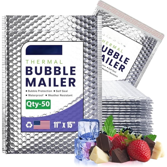 50-Pack Insulated Thermal Bubble Mailers 11 x 15 - Metallic Foil Self-Sealing Padded Envelopes for Cold Shipping, Perishables, , , Pharmaceuticals
