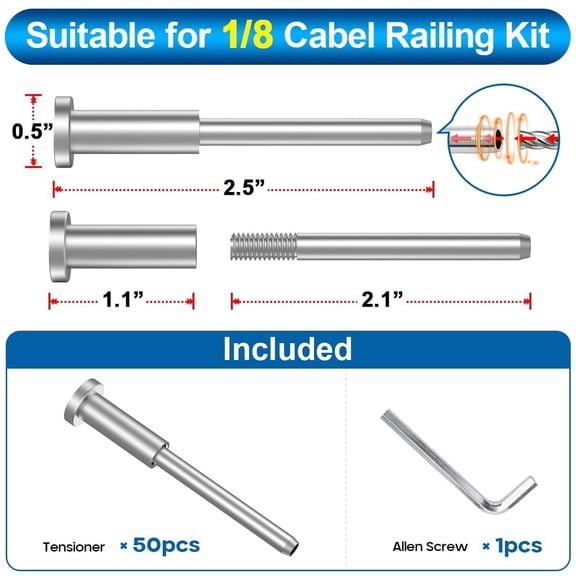 50 Pack Invisible Cable Railing Kit for 2"×2" Wood/Post Post- Marine 316L Stainless Steel Cable Railing Hardware, 1/8" Invisible Receiver and Swage Stud End for Decks, Balconies, Stairs