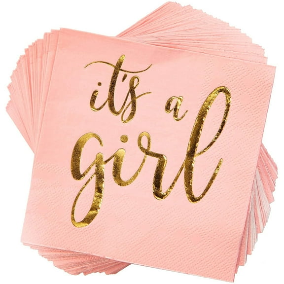 Sparkle and Bash Baby Girl Napkins for Shower - 2-Ply, 5 x 5 In, 50 Count, Gold & Pink - Gold Foil Baby Shower Paper Napkins for Girl