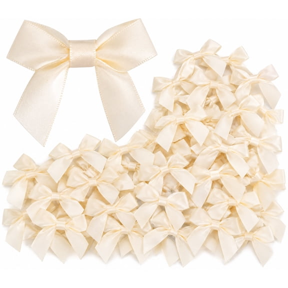 50 Pack Ivory White SelfAdhesive Satin Bows, 2.5 x 2 Inch PreTied GlueOn Ribbon Bows, Gift Wrap Bows for Gift Box, Baking Packaging, Party Decoration