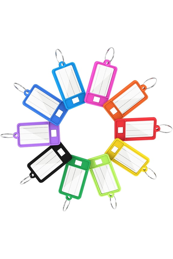 50 Pack Key Tags with Split Ring, Tough Plastic Key Tags with Labels and Label Window Blank Key Identifiers Tags Key Chain Tags ID Name Tags for Keys, Backpacks, Luggage in 10 Assorted Colors