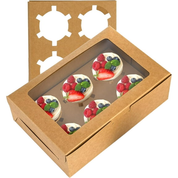 50 Pack Kraft Cupcake Box with Insert and Window Hold 6 Standard Cupcake, Food Grade Cupcake Carrier Container, Brown Bakery Box for Pastry, Cookies, Small Cake, Desserts Treat.