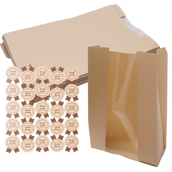 50 - Pack Kraft Paper Bakery Bags, Large Windowed Storage Sacks for Homemade Sourdough Bread, Baked Food Packaging Pouches with 50 Love - themed Stickers