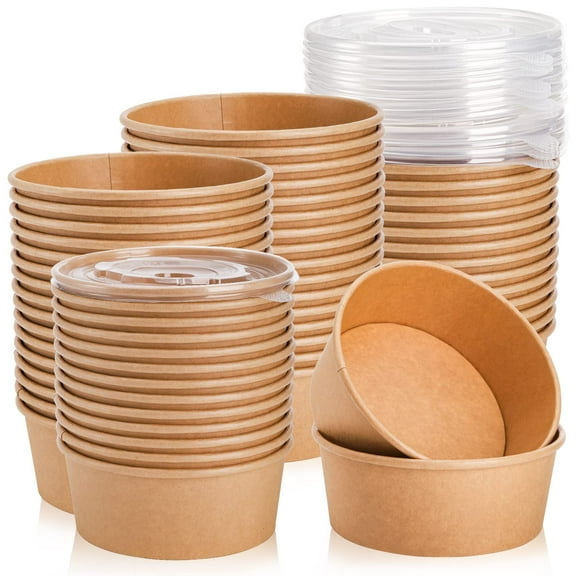 50 Pack Kraft Paper Bowls with Lid, 25 Oz Disposable Soup Salad Serving Bowls, To Go Food Container for Party Dessert, Ice Cream