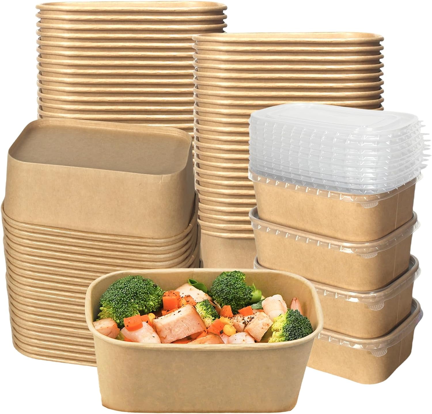 50 Pack Kraft Paper Food Container, 25 OZ Disposable Salad Bowls with ...