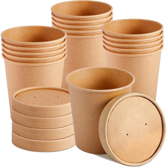50 Pack Kraft Paper Soup Containers with Lids, 16 Oz Disposable Paper Food Containers, Round, Brown, General Use, Freezer & Microwave Safe