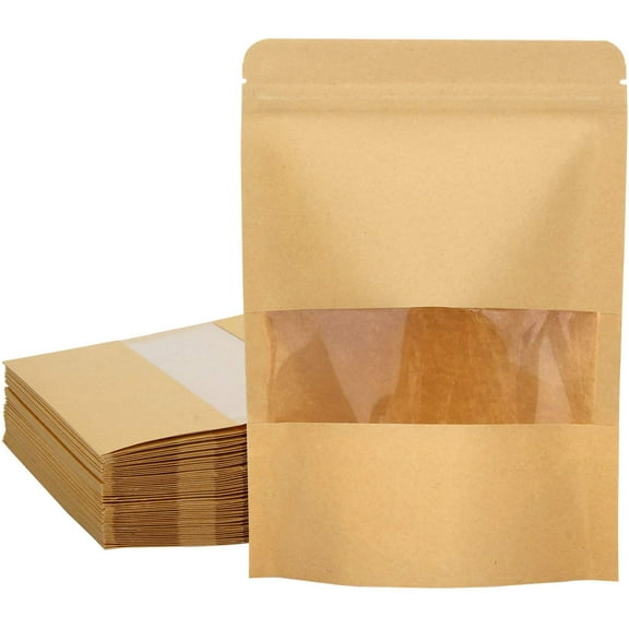 50 Pack Kraft Paper Stand Up Pouch Bags, Resealable Bag with Transparent Window and Tear Notch for Multipurpose Storage (5.5 X 7.9 Inches)