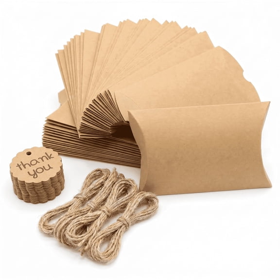 50 Pack Kraft Pillow Boxes, 3.51 Inch Paper Favor Boxes with Jute Twines and Tags, Ideal for Candy, Chocolate, Bakery Treats, Birthday, Graduation and Wedding Parties
