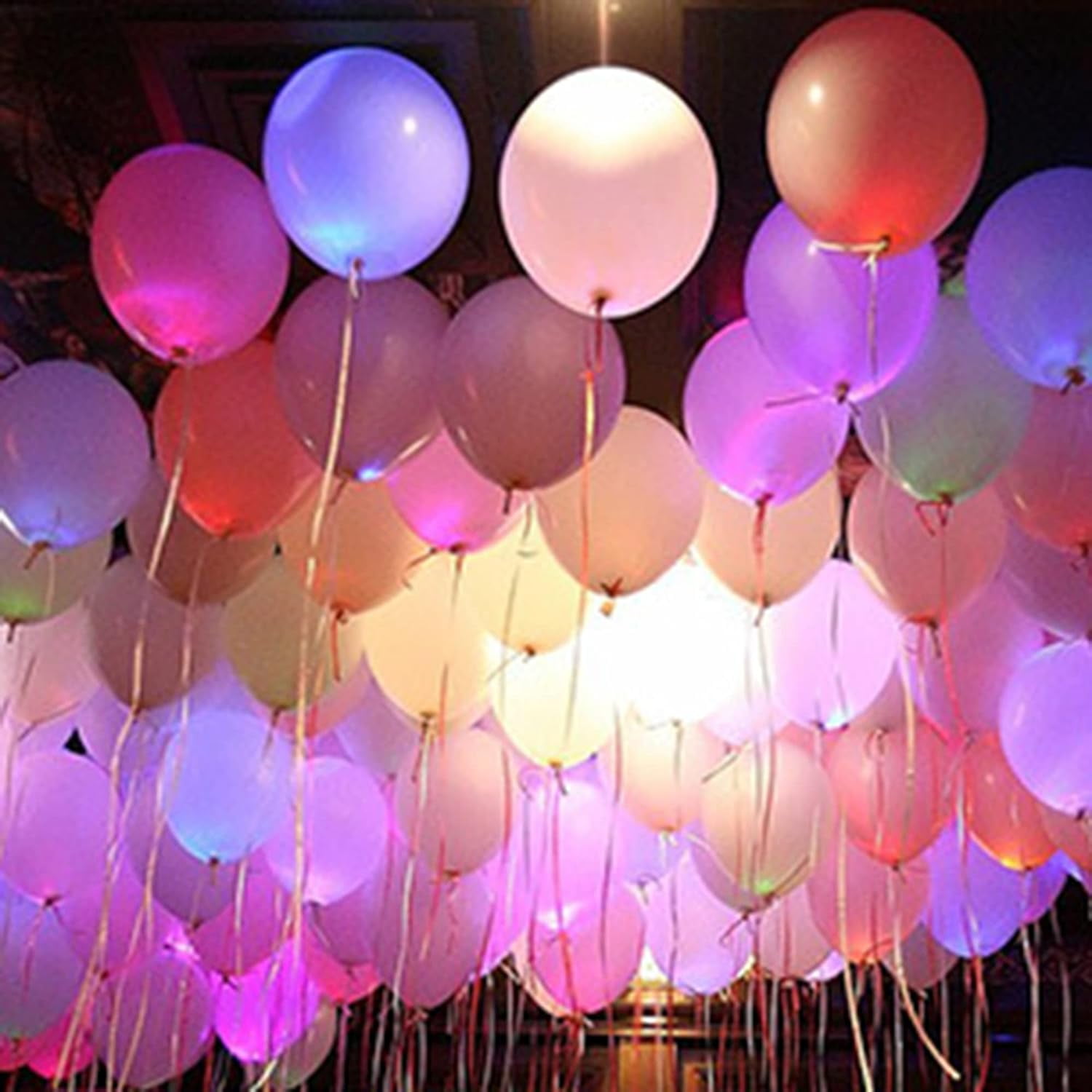 50 Pack LED Light Up Balloons with Ribbon Multicolor Flashing Party