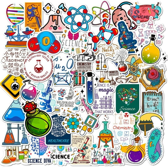 50-Pack Laboratory Science Stickers - New Chemistry and Science Lab Graffiti Stickers with Beakers and Experimental Designs
