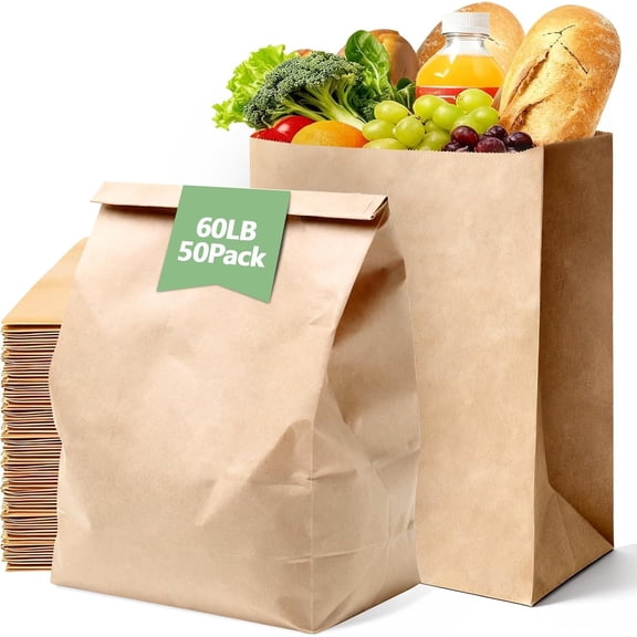 RIOFLY 50 Pack Large Brown Paper Grocery Bags, 60 lb Heavy Duty Kraft, 12x7x17 inch Heavyweight Paper Shopping Bags for Takeout, Retail, Restaurant