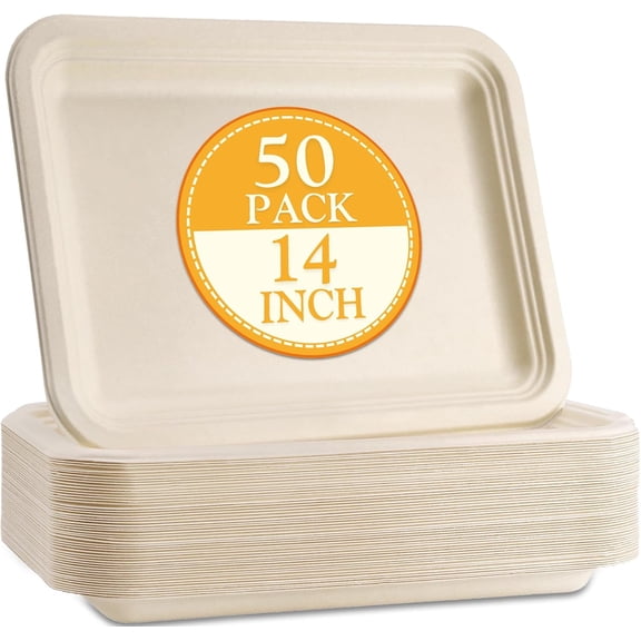 50 Pack Large Paper Plates, 14 inch Heavy Duty Disposable Food Trays, Compostable Sugarcane Platters Tray, Disposable Serving Trays for Party Crawfish Lobster BBQ Seafood Picnic, Natural